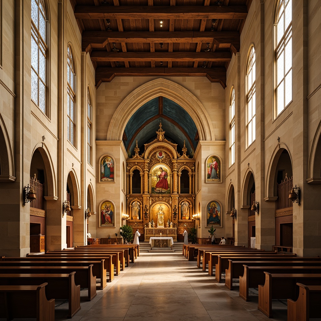 Prompt: Sacred church interior, warm golden lighting, soft beige stone walls, rich wood accents, elegant stained glass windows, vibrant red altar cloths, subtle cream-colored pews, calming blue ceilings, inspirational religious murals, intricate Gothic arches, ornate Renaissance details, solemn atmosphere, dramatic shadows, low-key ambient lighting, 1/2 composition, symmetrical framing, realistic textures, subtle color grading.