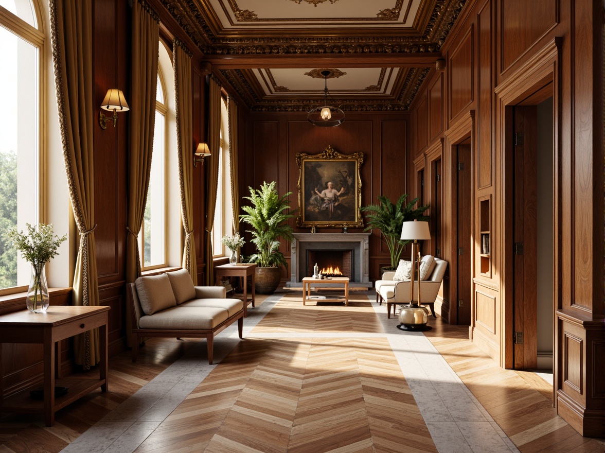 Prompt: Elegant classic interior, rich wood tones, ornate furnishings, refined marble floors, polished hardwood planks, warm herringbone patterns, subtle texture contrasts, sophisticated neutral color palette, soft golden lighting, intricate moldings, decorative ceiling details, symmetrical composition, 1/1 aspect ratio, realistic material reflections.