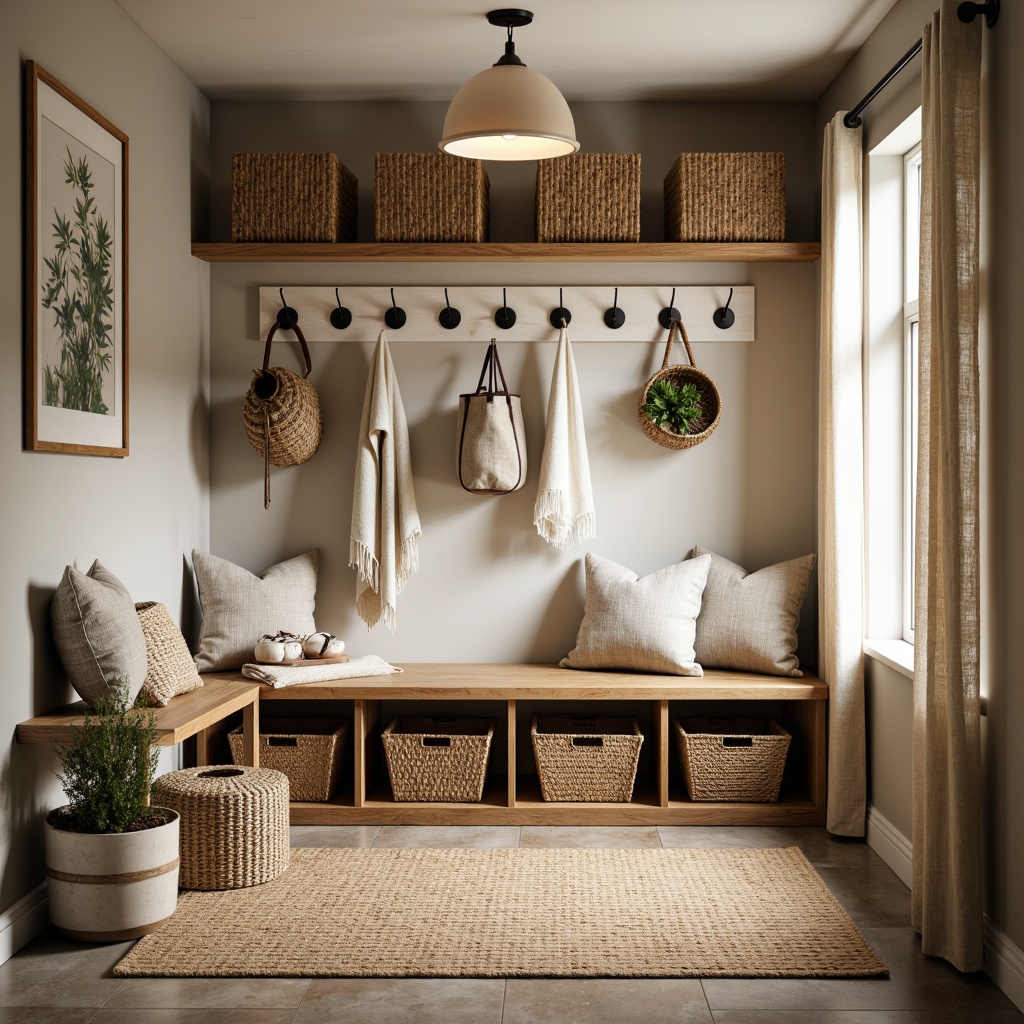 Prompt: Cozy mudroom, rustic wooden bench, woven baskets, natural fiber rugs, earthy tone walls, modern farmhouse decor, functional shelving units, metal hooks, waterproof flooring, built-in cubbies, storage ottomans, plush throw pillows, warm task lighting, soft beige curtains, botanical prints, nature-inspired accents, 1/1 composition, shallow depth of field, realistic textures.