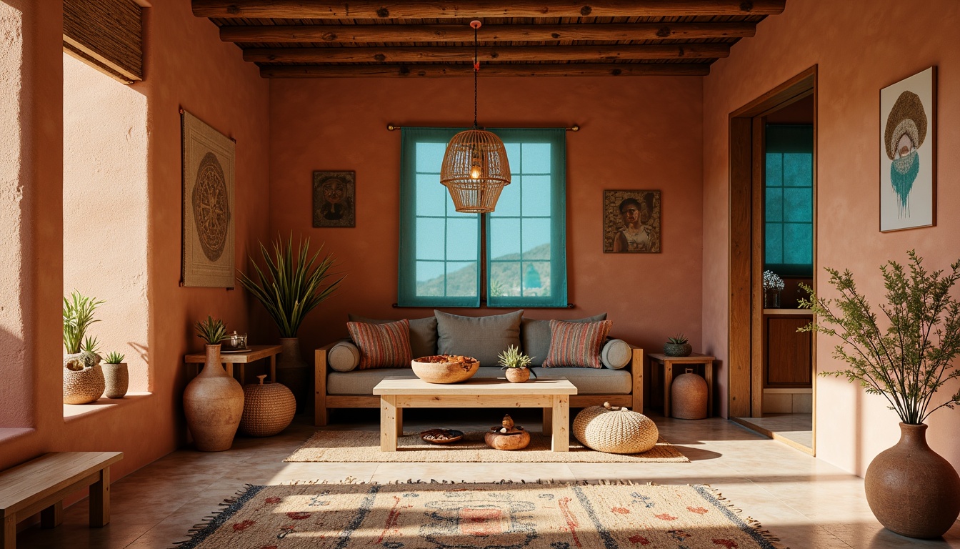 Prompt: Earthy craft room, warm terracotta walls, rustic wooden accents, woven baskets, vibrant turquoise hues, desert-inspired textiles, natural fiber rugs, sandy beige floors, clay pottery decorations, geometric patterned tiles, soft warm lighting, shallow depth of field, 3/4 composition, realistic textures, ambient occlusion.