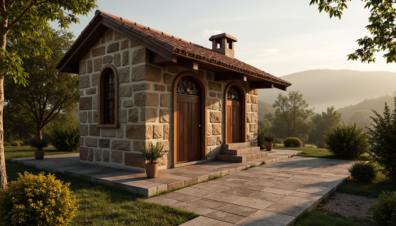 Prompt: Rustic village chapel, earthy tones, natural stone walls, wooden beams, clay roof tiles, lush greenery, overhanging eaves, intricately carved wooden doors, stained glass windows, soft warm lighting, serene atmosphere, rural landscape, rolling hills, misty morning, warm sunbeams, 1/2 composition, realistic textures, ambient occlusion.