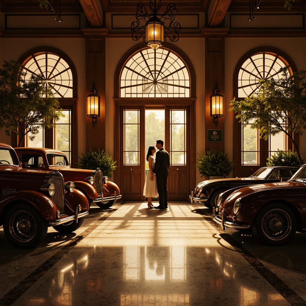 Prompt: Art Deco family garage, ornate metal lanterns, geometric patterned windows, warm golden lighting, softbox diffused light, high-contrast dramatic shadows, luxurious marble flooring, metallic accents, sleek chrome fixtures, vintage-inspired signage, symmetrical composition, low-angle heroic shot, cinematic mood, richly textured materials, subtle color grading, 1920s nostalgic atmosphere.Note