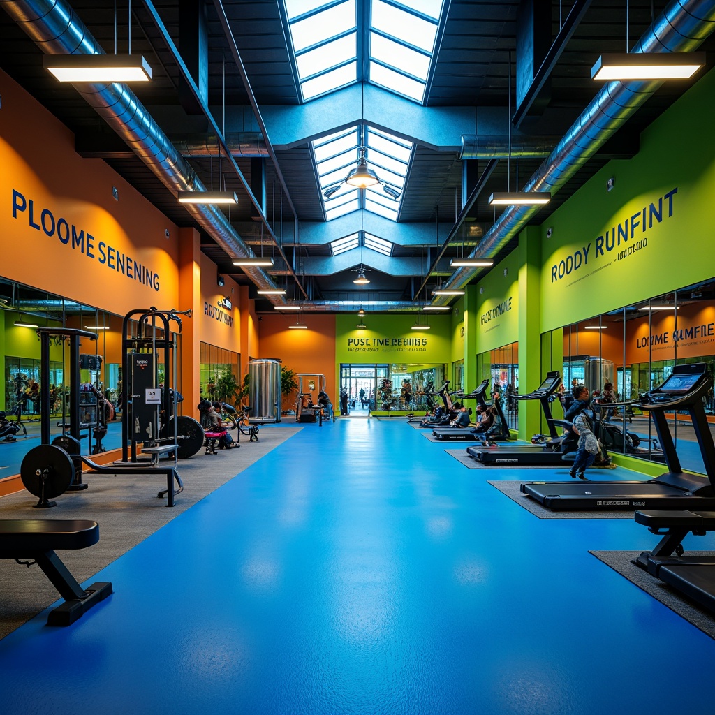 Prompt: Vibrant fitness studio, energetic atmosphere, bold color scheme, bright blue accents, neon green highlights, warm beige tones, motivational quotes, modern industrial architecture, polished metal equipment, mirrored walls, high ceilings, abundant natural light, overhead skylights, refreshing air circulation, soft warm lighting, shallow depth of field, 3/4 composition, panoramic view, realistic textures, ambient occlusion.