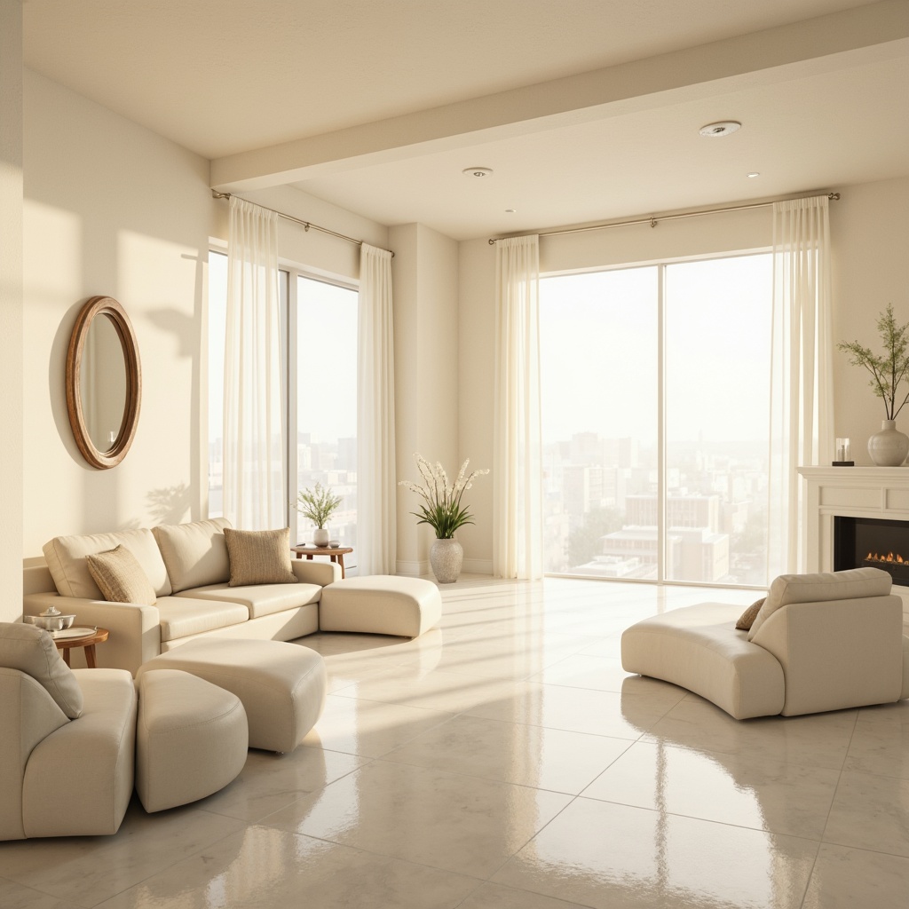 Prompt: Soft warm lighting, creamy white walls, minimal ornamentation, floor-to-ceiling windows, sheer curtains, reflective surfaces, glossy finishes, pale wood accents, airy open spaces, curved lines, natural materials, subtle textures, ambient occlusion, 1/1 composition, shallow depth of field, realistic renderings.