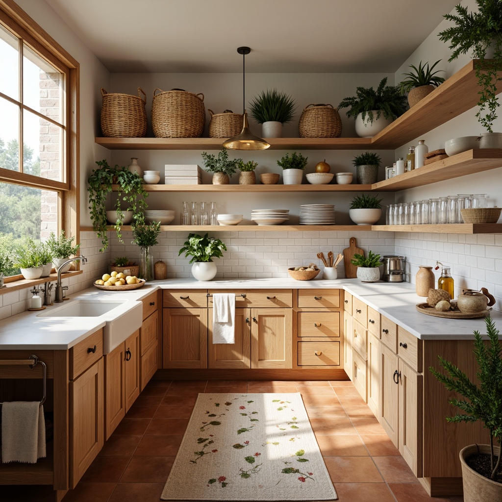 Prompt: Light-filled Scandinavian pantry, natural wood accents, oak cabinetry, reclaimed wooden shelves, earthy terracotta flooring, woven wicker baskets, linen textiles, creamy white marble countertops, rustic metal hardware, warm pendant lighting, cozy nooks, organic produce displays, fresh greenery, botanical illustrations, soft color palette, shallow depth of field, 1/1 composition, realistic wood textures, ambient occlusion.