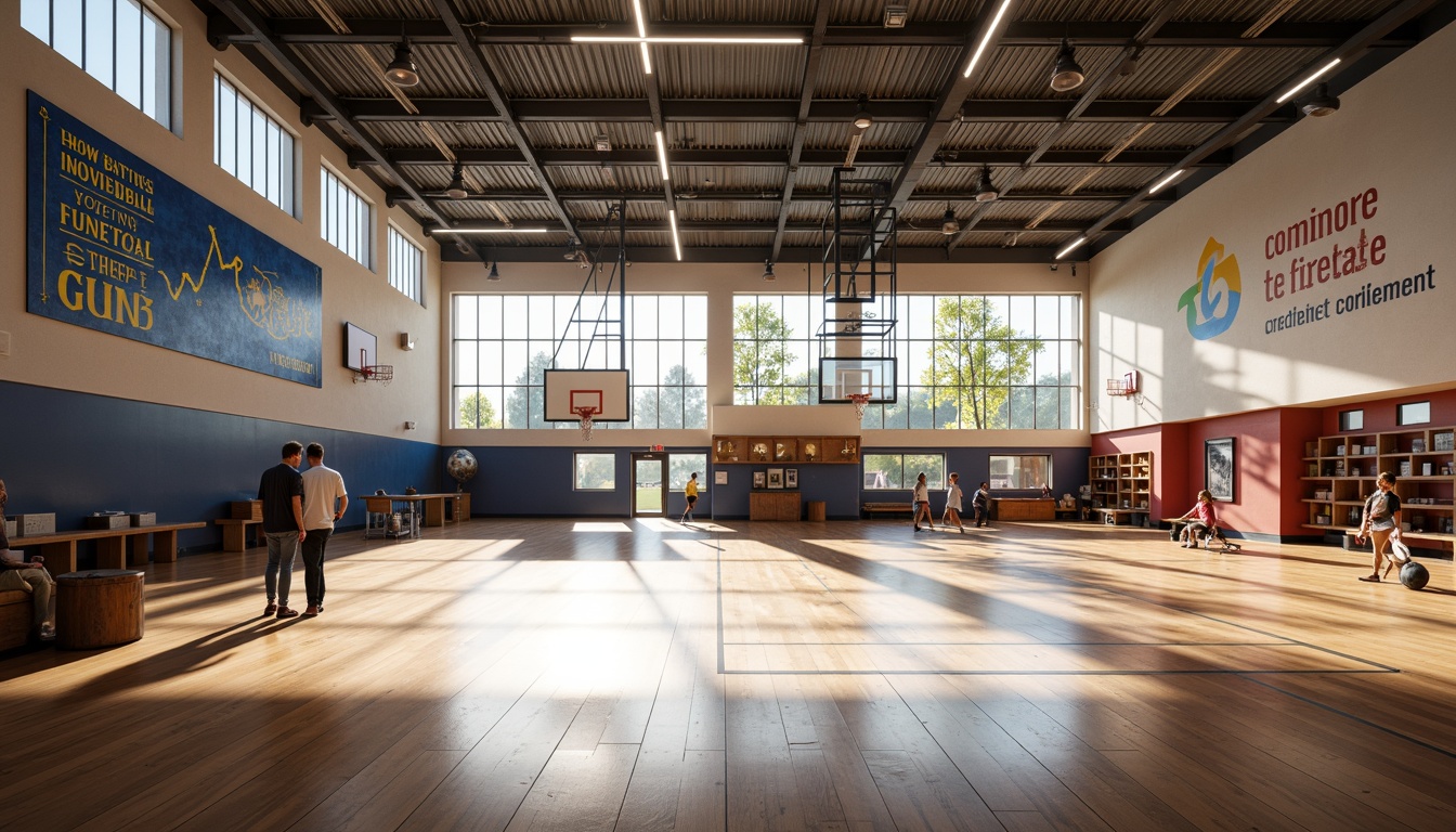 Prompt: \Modern gymnasium interior, open layout concept, high ceilings, natural light pouring in, polished wooden floors, minimalist athletic equipment, suspended LED lighting, sleek steel beams, industrial-chic decor, motivational quotes, vibrant color accents, dynamic shadows, shallow depth of field, 1/1 composition, realistic textures, ambient occlusion, basketball courts, volleyball nets, badminton areas, fitness zones, mirrored walls, wooden benches, athletic lockers, trophy displays.\