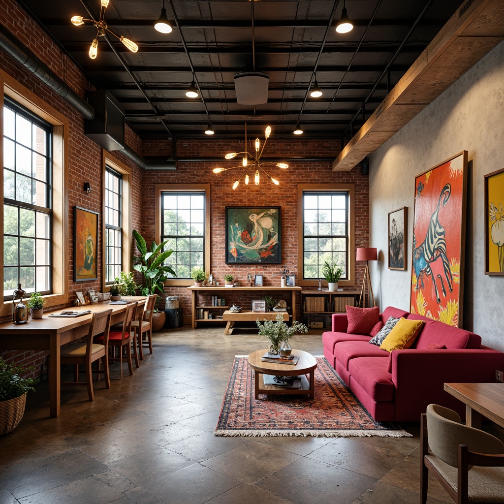 Prompt: Vibrant art studio, eclectic furniture, rich textures, bold color palette, statement lighting fixtures, abstract artwork, exposed brick walls, industrial metal beams, reclaimed wood accents, modern minimalist decor, functional workstations, ergonomic chairs, artistic freedom, creative flexibility, natural materials, earthy tones, abundant natural light, softbox lighting, shallow depth of field, 2/3 composition, atmospheric perspective, realistic render.