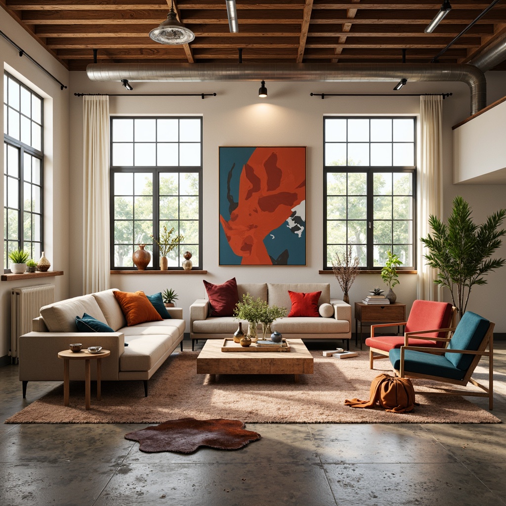 Prompt: Vibrant artistic studio, eclectic furniture pieces, bold abstract artwork, rich wood accents, industrial metal fixtures, cozy plush rugs, creamy white walls, natural stone floors, oversized windows, soft warm lighting, 3/4 composition, shallow depth of field, panoramic view, realistic textures, ambient occlusion.