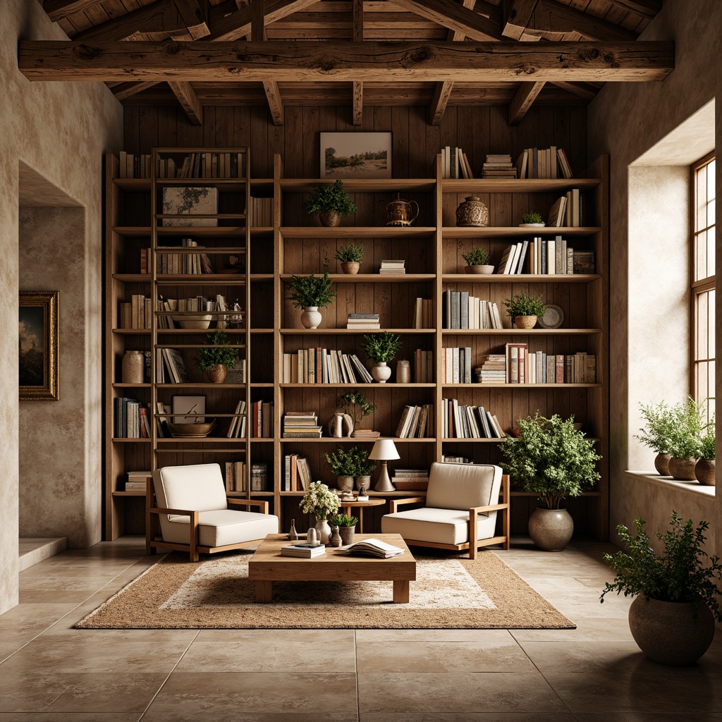 Prompt: Rustic farmhouse library, reclaimed wood shelving, open book storage, vintage metal ladders, cozy reading nooks, plush armchairs, warm beige walls, natural stone flooring, earthy tone color scheme, soft warm lighting, shallow depth of field, 1/1 composition, realistic textures, ambient occlusion, greenery plants, wooden ceiling beams, distressed wood accents.