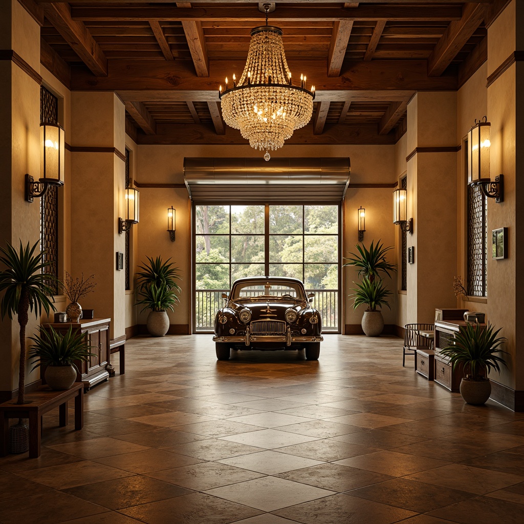 Prompt: Art Deco style family garage, luxurious metallic doors, ornate ironwork details, soft warm lighting, warm beige walls, polished chrome fixtures, geometric patterned floor tiles, vintage car displays, rich wood accents, lavish chandeliers, dramatic spotlighting, high contrast ratio, 1/1 composition, realistic reflections, ambient occlusion.