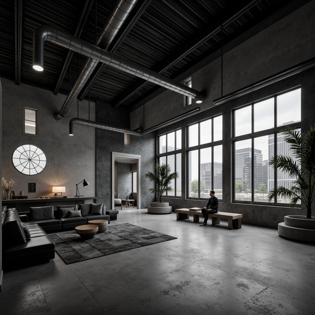 Prompt: Monochromatic color scheme, neutral tones, bold accents, industrial materials, exposed ductwork, metal beams, polished concrete floors, geometric patterns, angular lines, minimalist decor, functional lighting, stark contrast, dramatic shadows, atmospheric ambiance, cinematic views, symmetrical composition, high ceilings, open spaces, flexible seating, modular furniture, abstract artwork, avant-garde sculptures.