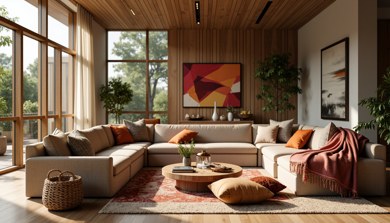 Prompt: Cozy living room, plush throw blankets, soft velvet sofas, warm beige carpets, natural wood accents, floor-to-ceiling windows, gentle morning light, tranquil atmosphere, elegant modern furniture, vibrant colorful patterns, intricate geometric motifs, luxurious fabrics, comfortable seating areas, ambient lighting, shallow depth of field, 3/4 composition, realistic textures.