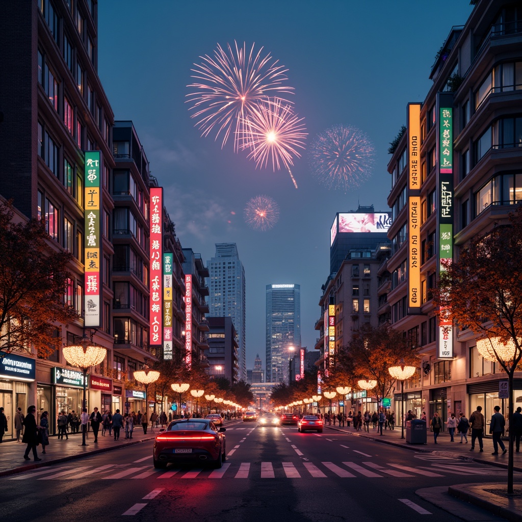 Prompt: Vibrant cityscape, neon signs, streetlights, glowing billboards, LED lights, colorful lanterns, sparkling fireworks, starry night sky, misty fog, warm golden lighting, softbox lights, backlighting, sidelighting, high-contrast shadows, dramatic spotlighting, 1/1 composition, shallow depth of field, realistic reflections, ambient occlusion.