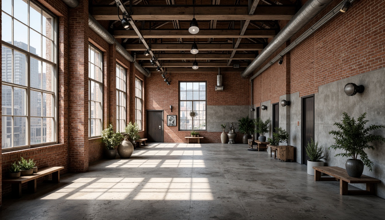 Prompt: Exposed brick walls, metal beams, reclaimed wood floors, industrial-style lighting fixtures, urban cityscape, modern warehouse conversion, rustic metal accents, distressed finishes, edgy architectural lines, functional minimalism, neutral color palette, concrete textures, steel window frames, vintage machinery parts, eclectic decorative elements, open floor plan, high ceilings, natural light pouring in, dramatic shadows, 3/4 composition, cinematic atmosphere, realistic materials, subtle ambient occlusion.