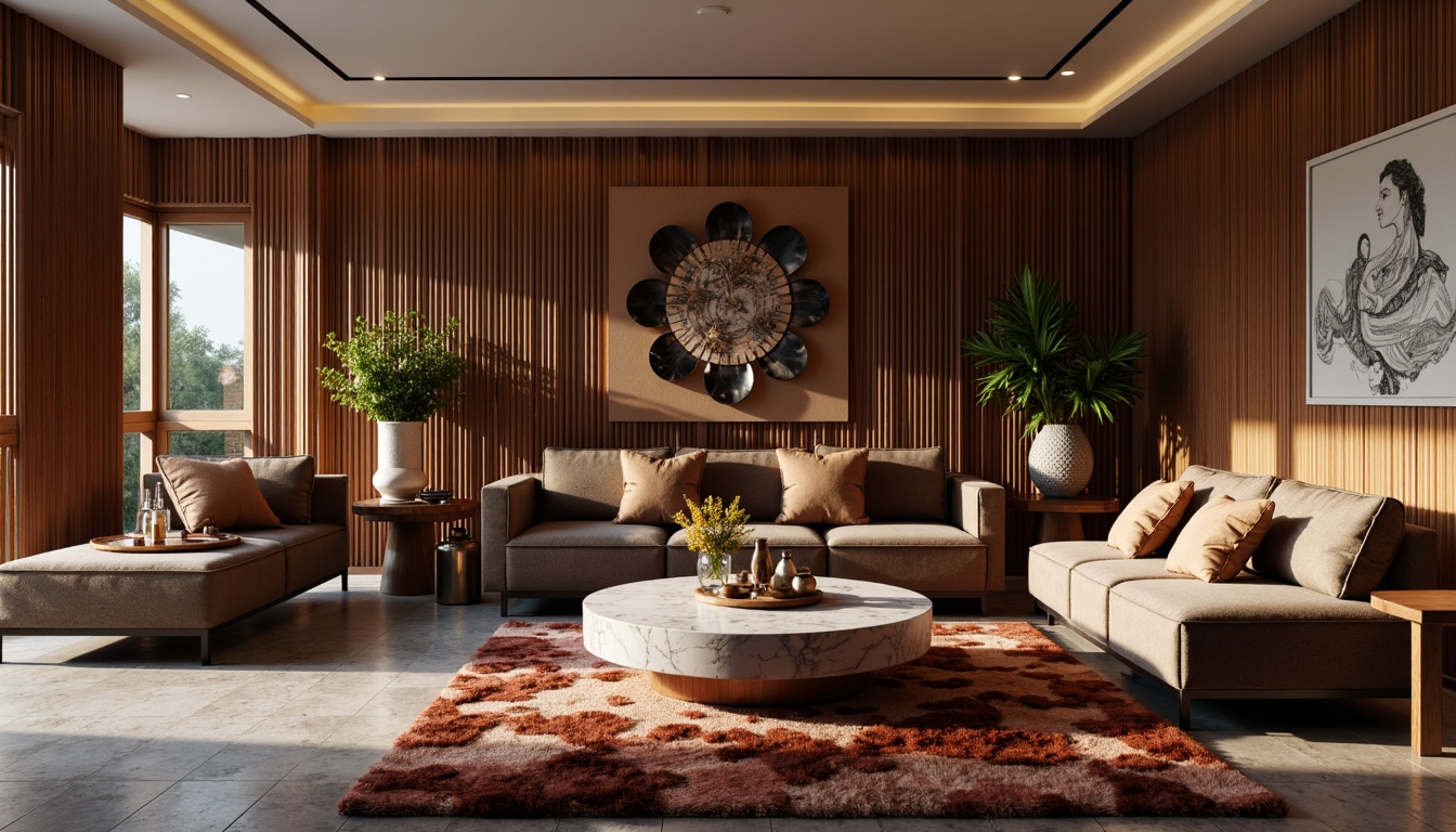 Prompt: Luxurious living room, velvet sofas, wooden accent walls, richly textured rugs, marble coffee tables, metallic light fixtures, warm ambient lighting, soft shadows, 3D rendered visualization, photorealistic materials, high-poly 3D models, intricate surface details, realistic normal maps, subtle color variations, cozy atmosphere, inviting ambiance, modern interior design, sleek furniture, abstract artwork, decorative vases, lush greenery, natural stone flooring.