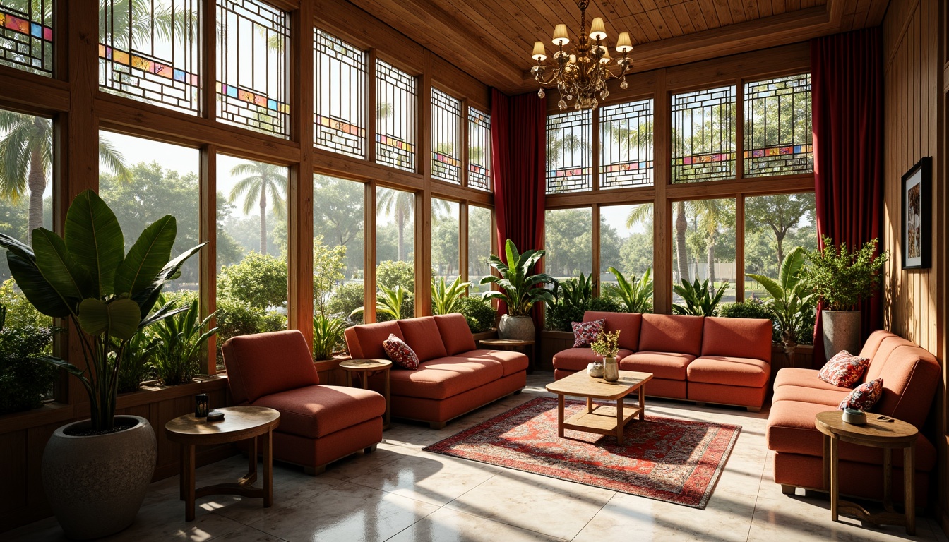 Prompt: Vibrant sunroom, Art Deco style windows, ornate metal frames, stained glass patterns, geometric shapes, luxurious fabrics, velvet drapes, metallic accents, elegant chandeliers, marble flooring, natural stone walls, tropical plants, sunny day, warm soft lighting, shallow depth of field, 3/4 composition, panoramic view, realistic textures, ambient occlusion.