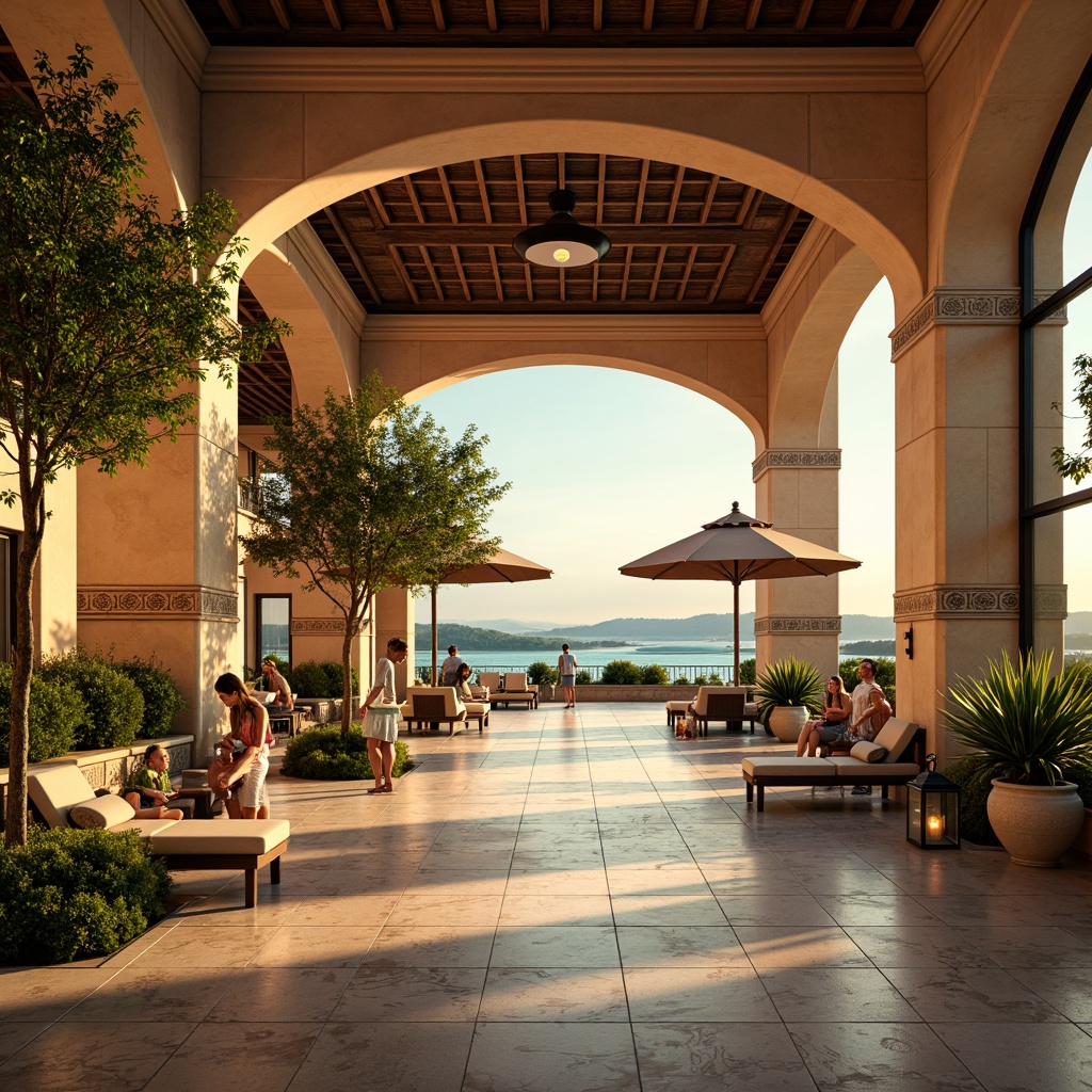 Prompt: Warm Mediterranean airport terminal, natural stone flooring, rustic wooden accents, vaulted ceilings, grand archways, soft warm lighting, golden hour ambiance, large windows, panoramic views, turquoise waters, sailboat-inspired canopies, lush greenery, olive trees, vibrant bougainvillea, decorative ceramic tiles, earthy color palette, rustic metal lanterns, ambient occlusion, shallow depth of field, 3/4 composition.