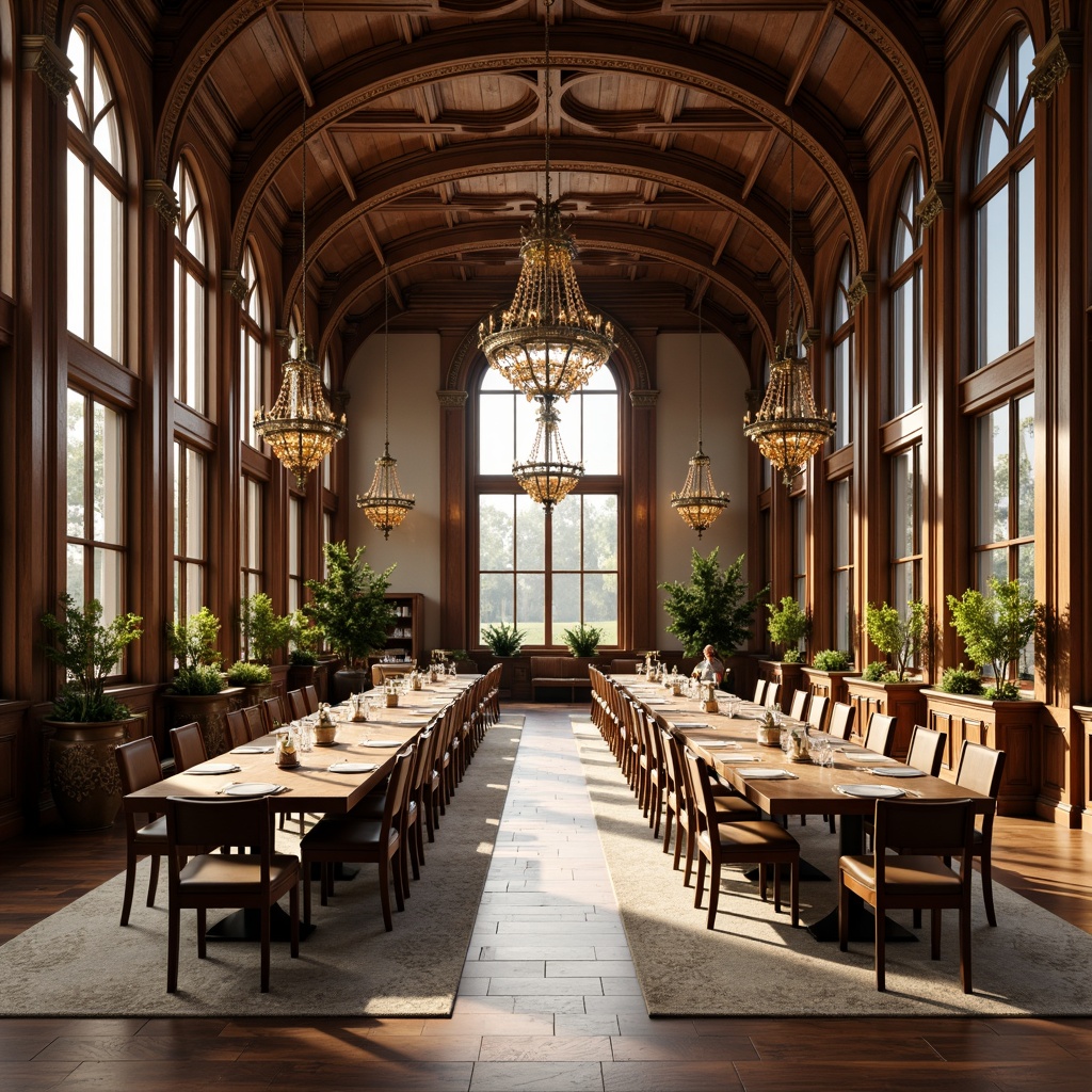 Prompt: Elegant academic dining hall, long wooden tables, comfortable chairs, rich wood tones, ornate chandeliers, high ceilings, large windows, natural light pouring in, soft warm lighting, luxurious fabrics, intricate carvings, classic architectural details, refined atmosphere, sophisticated color palette, earthy tones, cream accents, subtle patterns, plush area rugs, tasteful decor, harmonious layout, 3/4 composition, shallow depth of field, realistic textures, ambient occlusion.