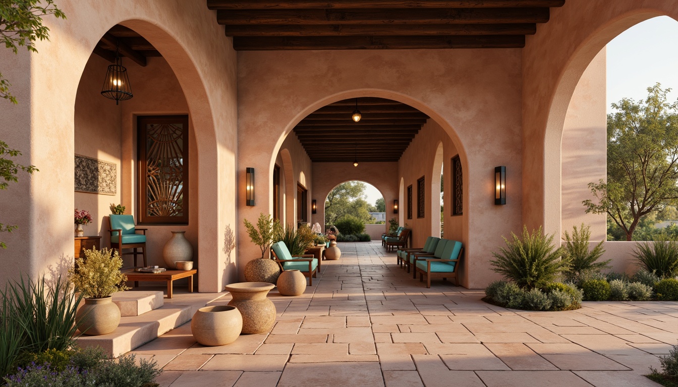 Prompt: Adobe-colored stucco walls, curved archways, ornate wooden doors, decorative ironwork, vibrant turquoise accents, rustic stone foundations, earthy tone roofs, cantina-style windows, wooden beam ceilings, natural fiber textiles, woven baskets, clay pottery, Pueblo-inspired patterns, warm golden lighting, soft shadowing, 1/2 composition, close-up shots, realistic renderings, ambient occlusion.