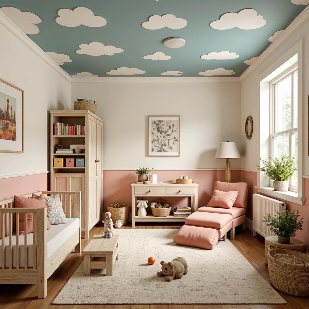 Prompt: Whimsical kids' room, vintage vernacular style, soft creamy walls, distressed wood furniture, pastel color palette, gentle peach accents, sky blue ceilings, fluffy white clouds, natural fiber rugs, woven baskets, antique toys, wooden alphabet blocks, colorful artwork, eclectic decorative items, warm cozy lighting, shallow depth of field, 1/1 composition, realistic textures, ambient occlusion.