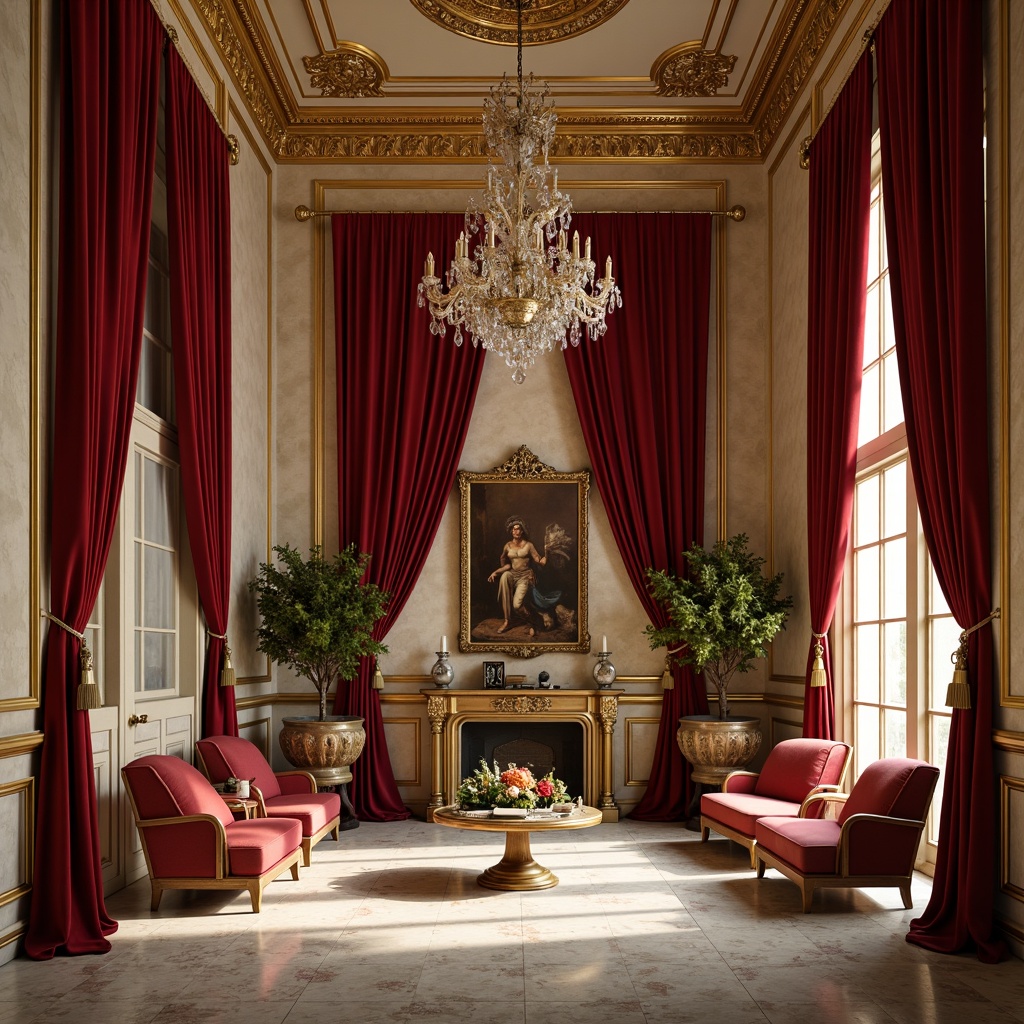 Prompt: Luxurious baroque interior, rich velvet drapes, ornate gold leaf details, marble flooring, crystal chandeliers, warm beige walls, deep crimson accents, lavish furnishings, intricate carvings, soft warm lighting, dramatic shadows, 3/4 composition, realistic textures, ambient occlusion.