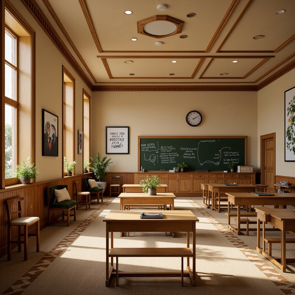 Prompt: Warm beige walls, rich wooden accents, comfortable plush carpets, traditional educational decor, classic chalkboards, cozy reading nooks, soft warm lighting, elegant crown molding, sturdy oak desks, vibrant youthful artwork, inspiring motivational quotes, calming natural fabrics, earthy tones, subtle texture variations, shallow depth of field, 2/3 composition, realistic renderings, ambient occlusion.