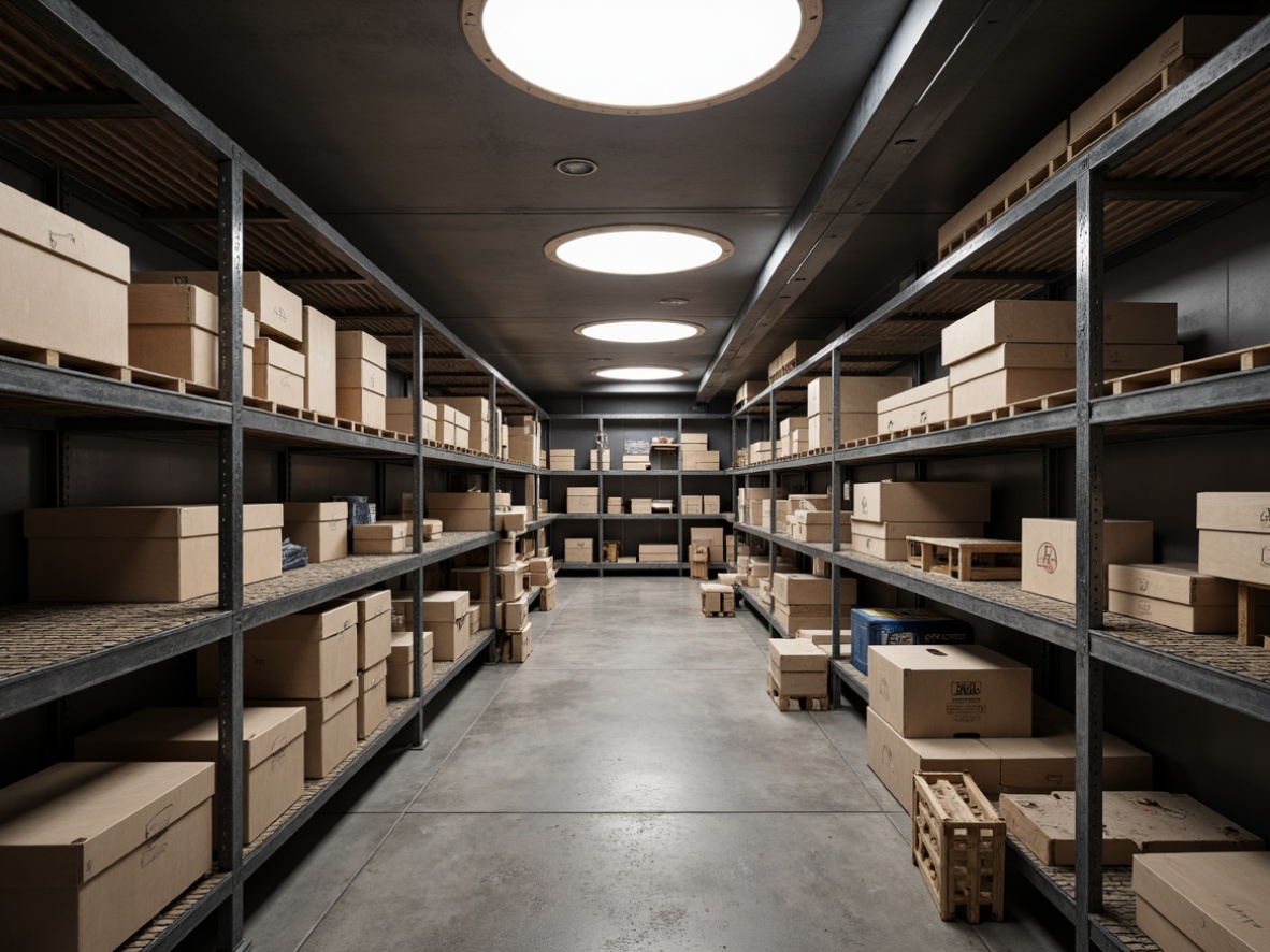 Prompt: \Organized storage room, hexagonal shelving units, triangular metal brackets, rectangular wooden crates, circular overhead lighting, industrial-style concrete flooring, functional modern architecture, ample natural light, subtle shadows, shallow depth of field, 1/1 composition, realistic textures, ambient occlusion.\