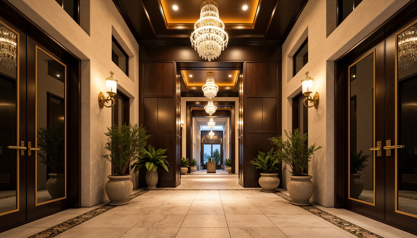 Prompt: Grand entrance, ornate doors, polished metal hardware, elegant chandeliers, warm soft glow, dimmable LED lights, recessed ceiling fixtures, modern lanterns, sleek minimalist design, brushed nickel finishes, crystal drops, luxurious ambiance, high ceilings, dramatic lighting effects, 1/1 composition, realistic reflections, ambient occlusion.