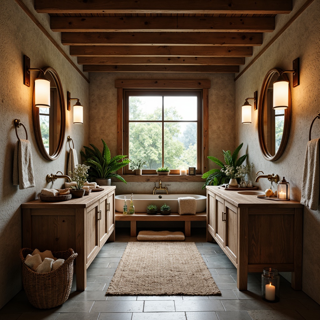 Prompt: Rustic bathroom ambiance, earthy tones, natural materials, wooden accents, stone walls, copper fixtures, vintage metal lanterns, warm candlelight, soft overhead lighting, frosted glass shades, distressed wood vanities, woven baskets, botanical elements, greenery, nature-inspired decor, cozy textiles, organic shapes, mason jars, candles in mercury glass holders, bronze sconces, dimmable LED lights, rustic wooden beams, natural stone floors, country-style charm.