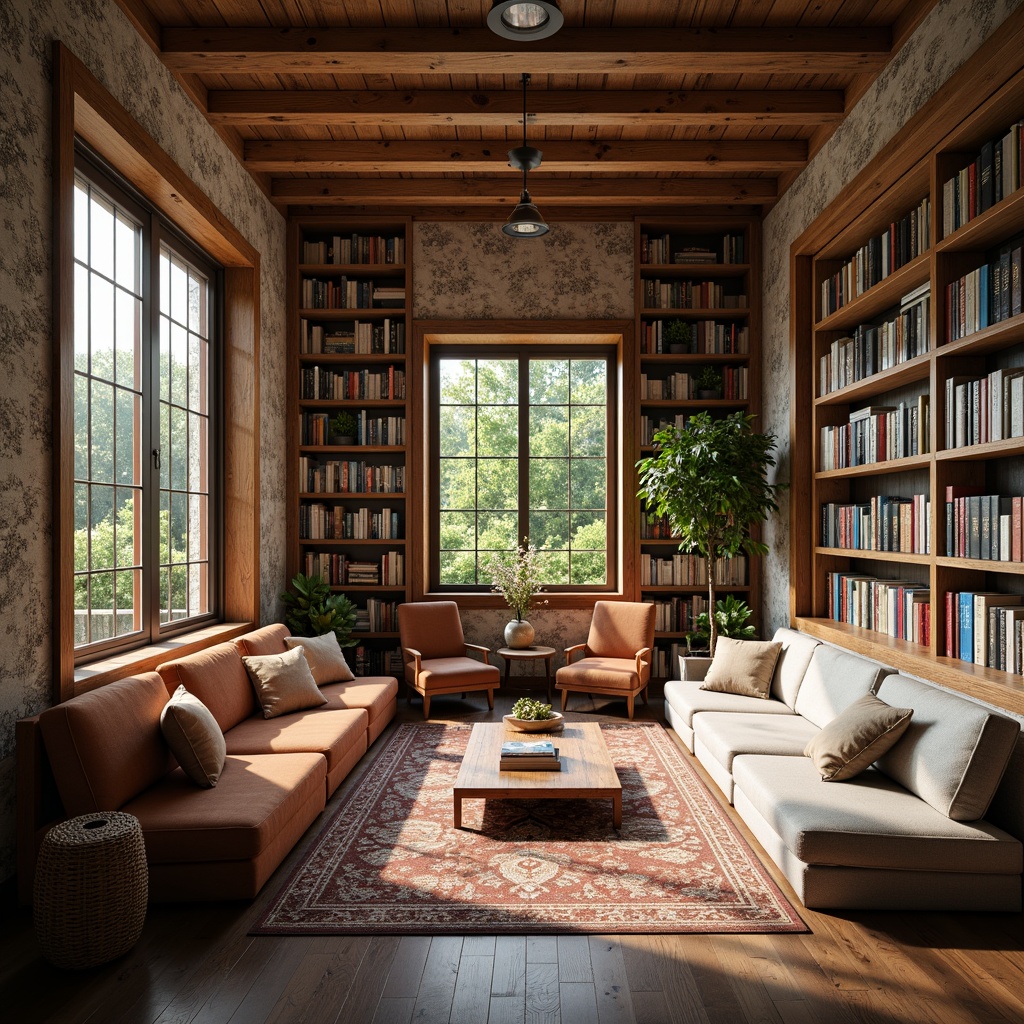 Prompt: Rustic farmhouse library, wooden shelves, vintage books, cozy reading nooks, perforated metal screens, natural ventilation, earthy color palette, reclaimed wood accents, exposed brick walls, distressed finishes, warm soft lighting, comfortable seating areas, lush greenery views, sunny day, shallow depth of field, 3/4 composition, realistic textures, ambient occlusion.