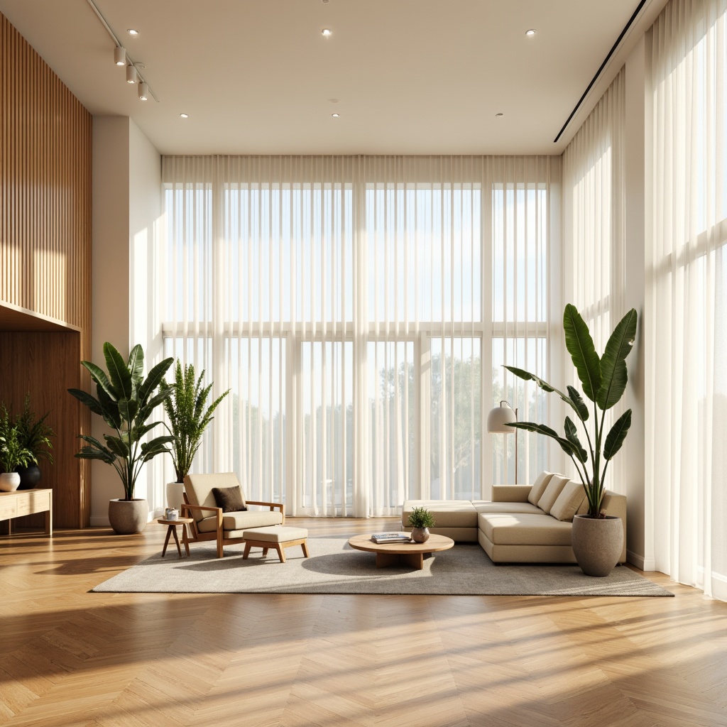 Prompt: Minimalist interior space, abundant natural light, floor-to-ceiling windows, sheer white curtains, polished wooden floors, sleek modern furniture, potted greenery, warm beige walls, soft cream colors, gentle shadows, indirect lighting, 1/2 composition, shallow depth of field, realistic textures, ambient occlusion.