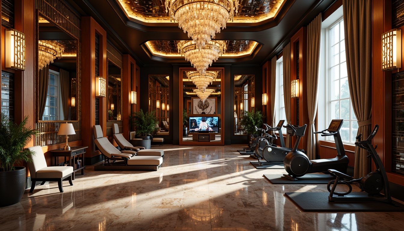 Prompt: Luxurious home gym, art deco style, metallic accents, geometric patterns, ornate mirrors, lavish chandeliers, rich wood tones, marble floors, sleek exercise equipment, retro-futuristic vibe, bold color schemes, opulent textiles, glamorous lighting, dramatic shadows, 1/2 composition, low-angle shot, cinematic mood, high-contrast colors, luxurious atmosphere.