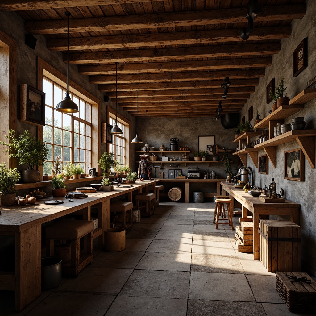 Prompt: Rustic workshop interior, exposed wooden beams, distressed wood textures, metal accents, industrial lighting fixtures, vintage tools, wooden workbenches, leather aprons, earthy color palette, natural stone flooring, reclaimed wood walls, wooden crates, metal machinery, dim warm lighting, shallow depth of field, 1/1 composition, realistic metallic reflections, ambient occlusion.