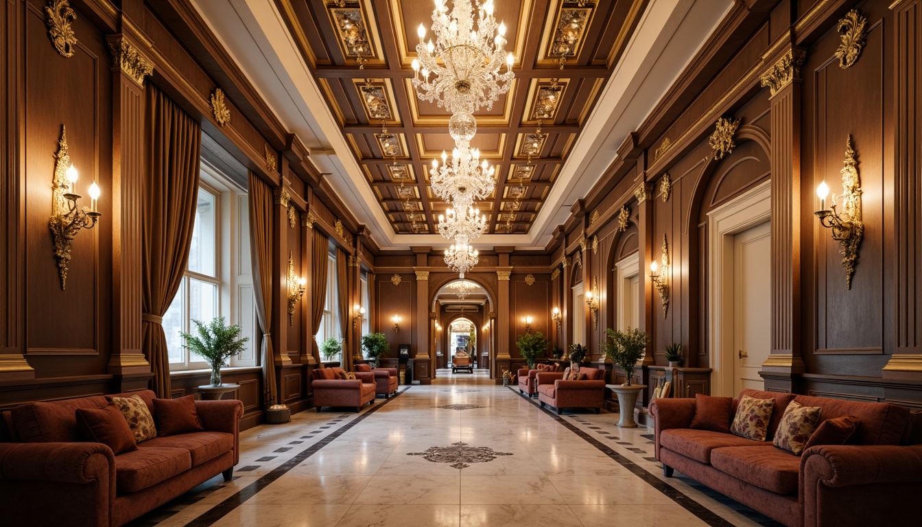 Prompt: Elegant neoclassical interior, ornate moldings, intricate carvings, gilded details, polished marble floors, crystal chandeliers, plush velvet furnishings, rich wood paneling, subtle archways, symmetrical compositions, soft warm lighting, high ceilings, grandiose proportions, classicist columns, subtle color palette, realistic textures, ambient occlusion.