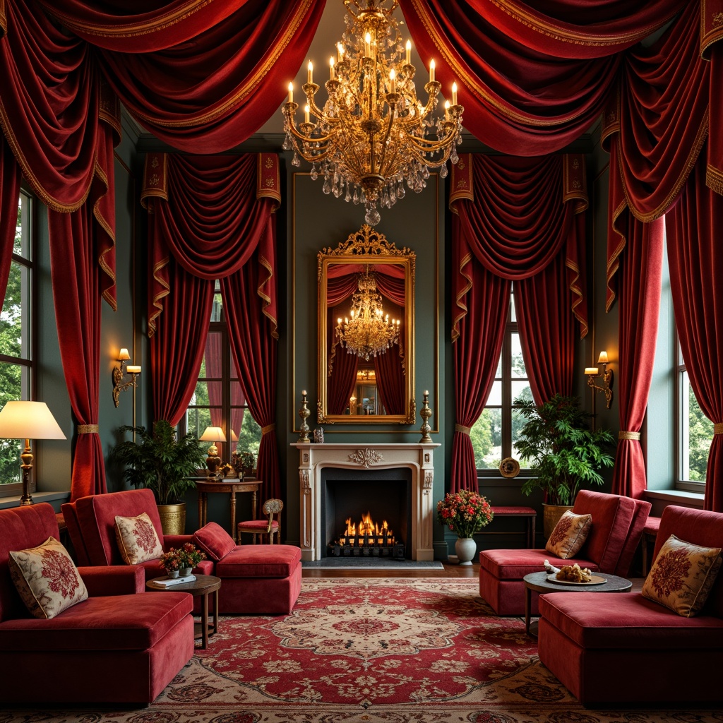 Prompt: Luxurious velvet fabrics, intricate gold embroidery, rich jewel-toned colors, ornate patterns, heavy drapery, lavish furnishings, opulent chandeliers, grandiose architectural details, dramatic lighting effects, warm candlelight, soft focus, shallow depth of field, 1/2 composition, intimate atmosphere, realistic textures, ambient occlusion.