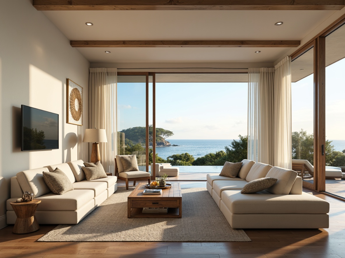 Prompt: Coastal living room, large windows, sliding glass doors, ocean views, natural textiles, woven fibers, driftwood accents, sea-inspired color palette, soft whites, calming blues, sandy neutrals, minimal ornamentation, sleek lines, open floor plan, high ceilings, reflective surfaces, polished wood floors, sheer curtains, unobstructed views, morning sunlight, warm golden lighting, shallow depth of field, 1/1 composition, panoramic view, realistic textures, ambient occlusion.