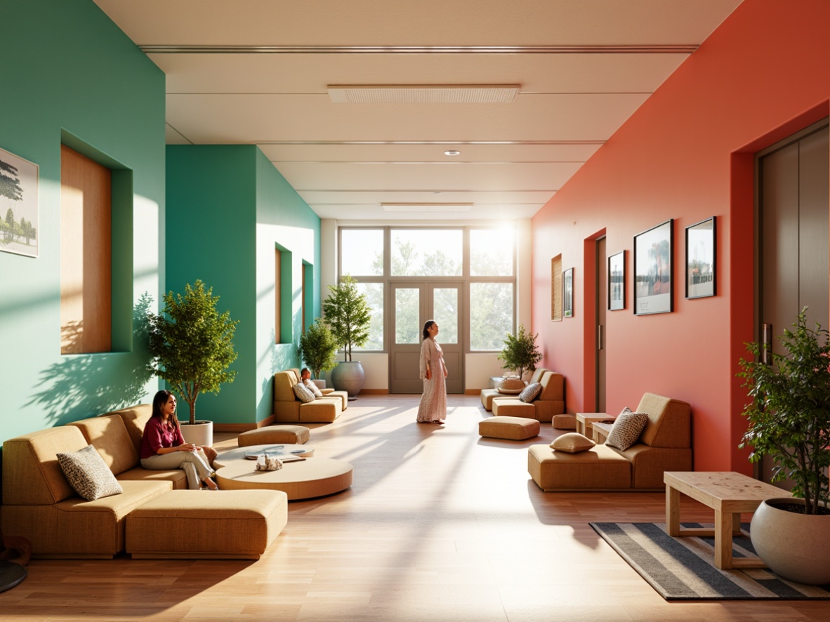 Prompt: Vibrant student halls, energetic atmosphere, youthful furniture, bright coral walls, calming mint accents, creamy white ceilings, polished wooden floors, modern minimalist decor, cozy reading nooks, comfortable bean bags, lively greenery, natural light pouring in, warm afternoon sunbeams, shallow depth of field, 1/2 composition, realistic textures, ambient occlusion.