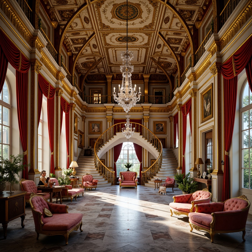 Prompt: Intricate Baroque palace, ornate gold accents, lavish furnishings, velvet drapes, crystal chandeliers, marble floors, grand staircase, opulent decorations, intricate carvings, Rococo patterns, soft warm lighting, shallow depth of field, 1/1 composition, realistic textures, ambient occlusion, luxurious atmosphere, regal ambiance.