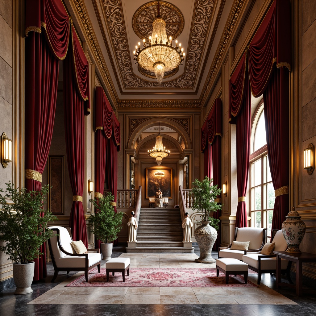 Prompt: Luxurious interior, rich velvet fabrics, ornate gold leafing, intricate carvings, grandiose chandeliers, marble floors, opulent furnishings, lavish drapery, dramatic archways, sweeping staircases, regal throne-like chairs, exquisite porcelain vases, fine art pieces, subtle warm lighting, soft focus, shallow depth of field, 1/2 composition, elegant camera angles, realistic textures, ambient occlusion.