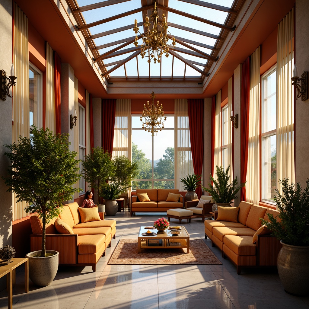 Prompt: Vibrant sunroom, ornate Art Deco details, lavish furnishings, marble floors, elegant chandeliers, bronze sconces, floor-to-ceiling windows, natural light pouring in, sheer curtains, ambient warm glow, softbox lighting, overhead skylights, luxurious velvet drapes, metallic accents, geometric patterns, bold colors, glamorous atmosphere, afternoon sunlight, shallow depth of field, 1/2 composition, realistic reflections, subtle shadowing.