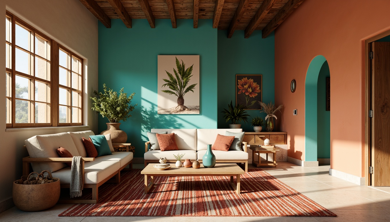 Prompt: Vibrant turquoise accents, earthy terracotta walls, warm beige flooring, rich walnut wood furniture, bold geometric patterns, woven textiles, natural linen upholstery, desert-inspired botanical prints, sunny warm lighting, soft shadows, atmospheric misting, shallow depth of field, 3/4 composition, realistic textures, ambient occlusion.