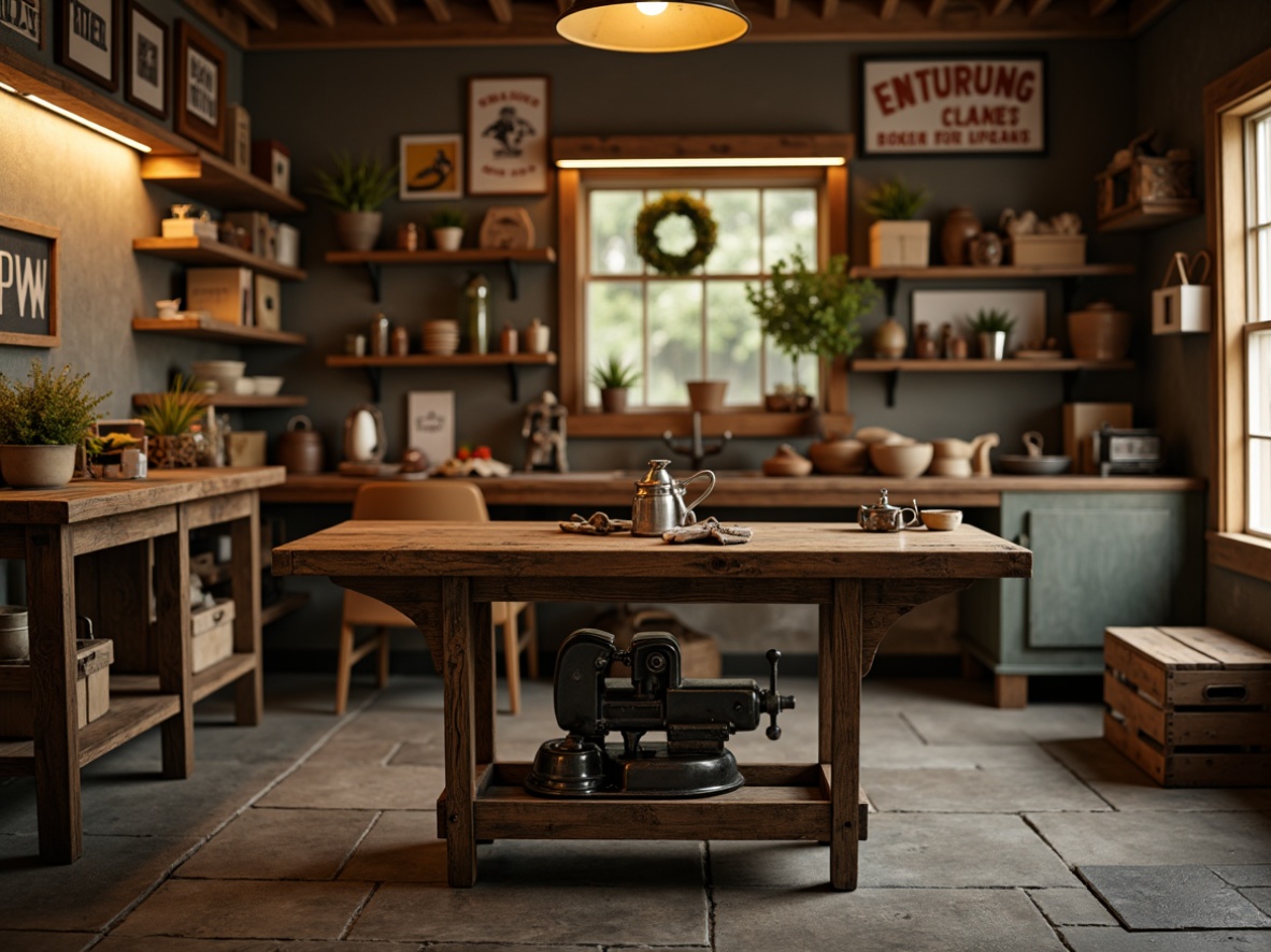 Prompt: Rustic wooden workbench, vintage metal vise, antique tools, distressed wood finishes, classic garage atmosphere, warm yellow lighting, nostalgic decor, retro-style signage, functional storage cabinets, wooden crates, industrial metal shelving, eclectic decorative items, worn stone flooring, earthy color palette, shallow depth of field, 2/3 composition, warm natural textures, ambient occlusion.