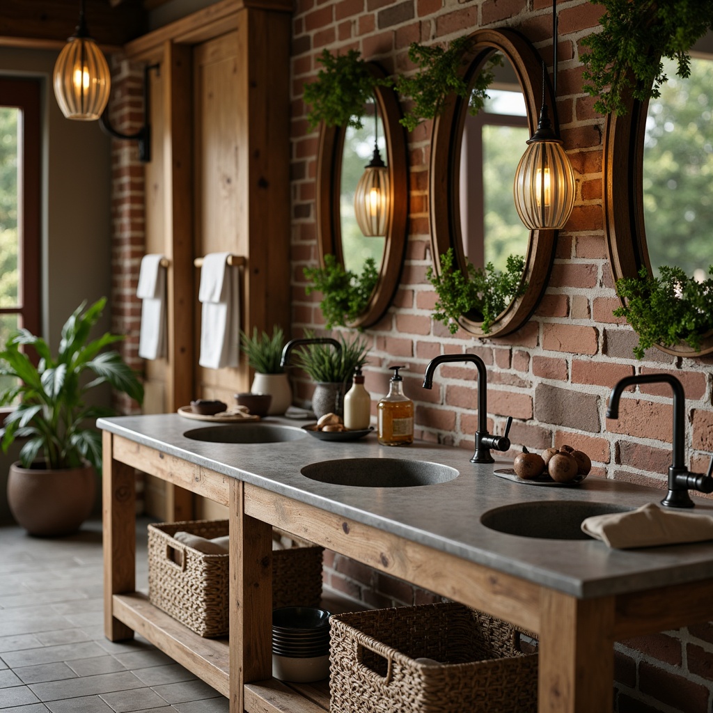 Prompt: Rustic wooden vanity, distressed metal faucets, earthy stone countertops, woven wicker baskets, natural linen textiles, vintage-inspired metal lighting, exposed brick walls, rough-hewn wooden beams, antique bronze fixtures, moss-greenery adorned mirrors, warm ambient lighting, shallow depth of field, 1/1 composition, realistic textures, soft focus blur.