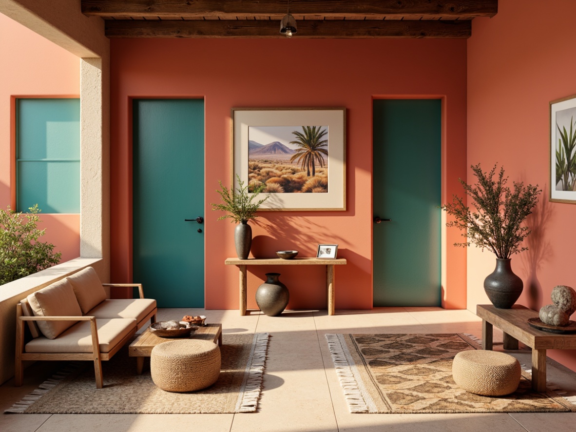 Prompt: Turquoise accents, earthy terracotta walls, sandy beige floors, vibrant coral hues, natural woven textiles, geometric patterned rugs, rustic wooden furniture, industrial metal decor, southwestern-inspired ceramic vases, desert botanical prints, warm golden lighting, shallow depth of field, 2/3 composition, realistic textures, ambient occlusion.