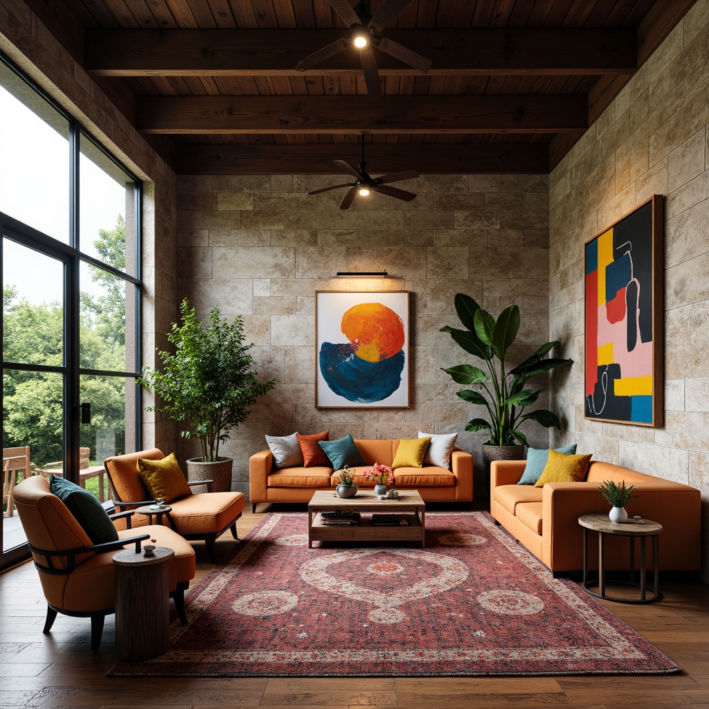 Prompt: Vibrant artistic studio, eclectic furniture, abstract artwork, bold color blocking, contrasting textures, metallic accents, rich wood tones, natural stone walls, floor-to-ceiling windows, abundance of greenery, soft diffused lighting, warm atmospheric glow, 1/1 composition, intimate close-up shots, realistic renderings, subtle ambient occlusion.