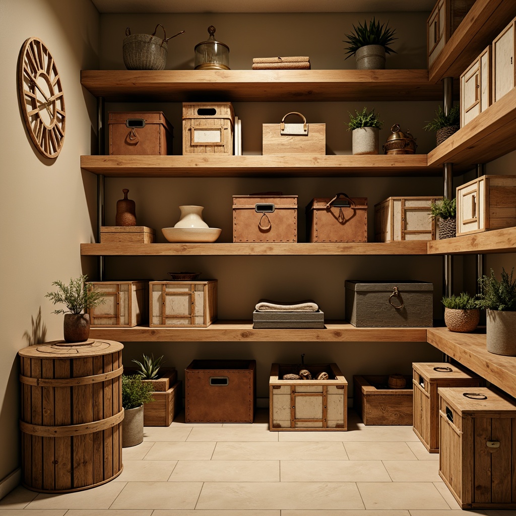 Prompt: Cozy storage room, earthy tones, warm beige walls, natural wood shelves, rustic metal accents, soft cream-colored flooring, hidden LED lighting, industrial-style decor, vintage-inspired storage crates, distressed wood textures, warm golden hardware, subtle brown leather details, ambient warm glow, shallow depth of field, 1/1 composition, realistic reflections, soft focus.