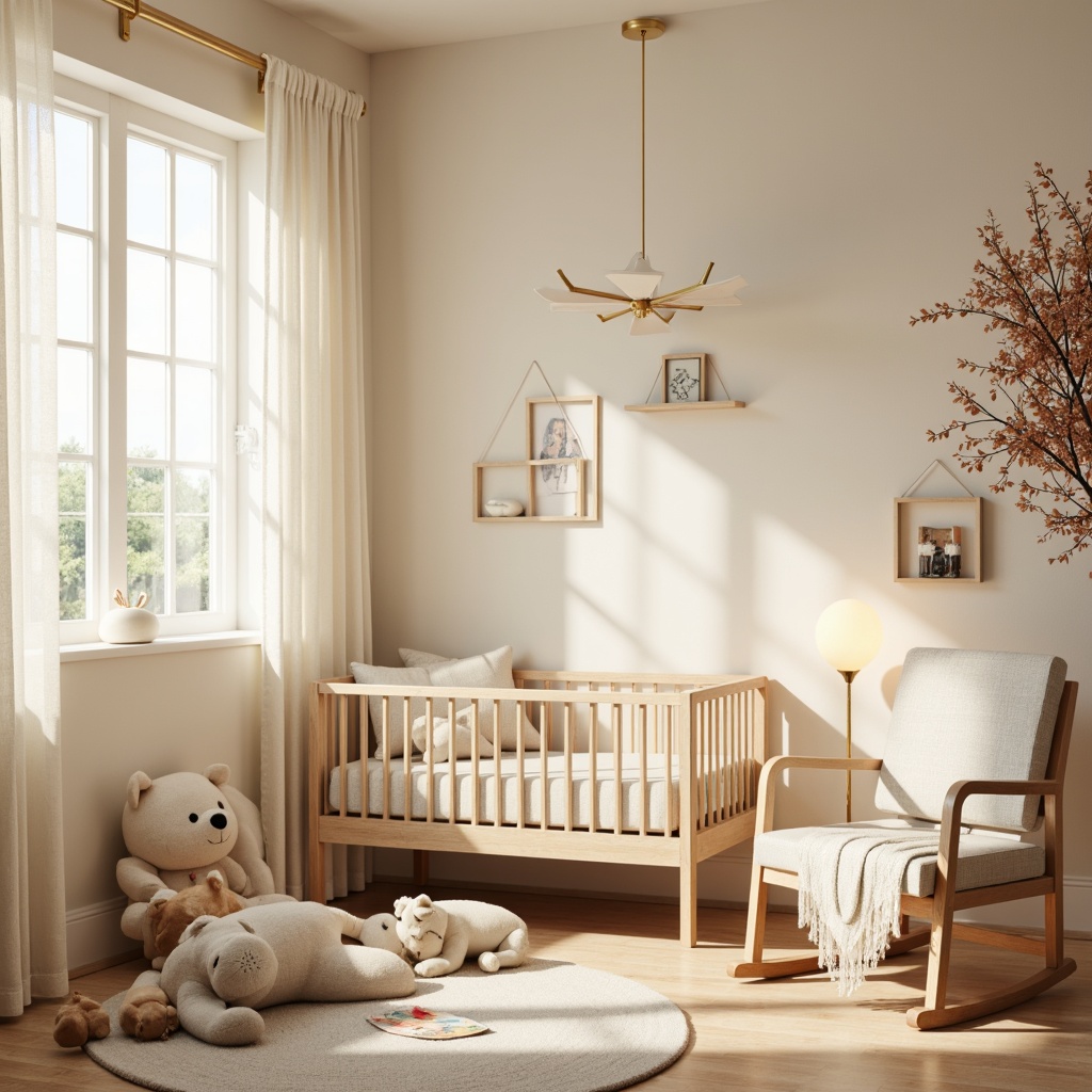 Prompt: Soft warm lighting, creamy whites, gentle pastels, minimalist crib, simple mobiles, subtle textures, natural wood accents, calm atmosphere, serene ambiance, warm beige walls, soft carpet flooring, delicate lace curtains, cozy reading nook, plush toys, elegant floor lamp, warm glow table lamp, 1/1 composition, shallow depth of field, soft focus, realistic rendering.