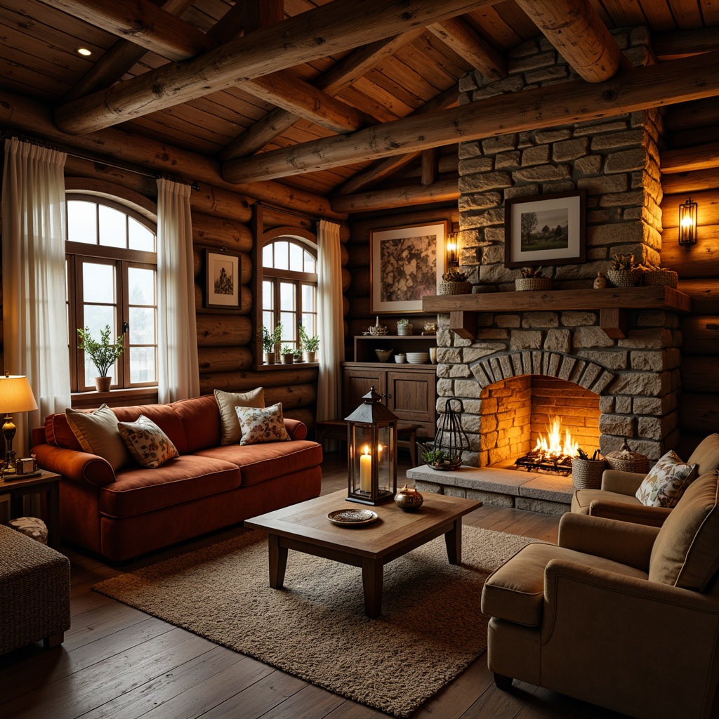 Prompt: Rustic wooden cabin, earthy tones, stone fireplace, plush velvet sofas, distressed leather armchairs, vintage metal lanterns, woven wicker baskets, natural fiber rugs, pinecone decorations, twinkling candles, warm golden lighting, soft focus, shallow depth of field, 1/1 composition, intimate atmosphere, realistic textures, ambient occlusion.