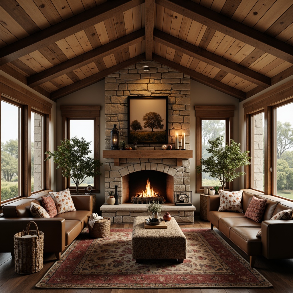 Prompt: Cozy family room, rustic wooden furniture, natural stone fireplace, earthy color palette, warm soft lighting, plush throw blankets, woven baskets, vintage metal lanterns, distressed wood accents, comfortable couches, nature-inspired artwork, botanical prints, rich leather upholstery, chunky knitted textiles, organic shapes, weathered wood tones, candlelit ambiance, shallow depth of field, 1/2 composition, realistic textures.