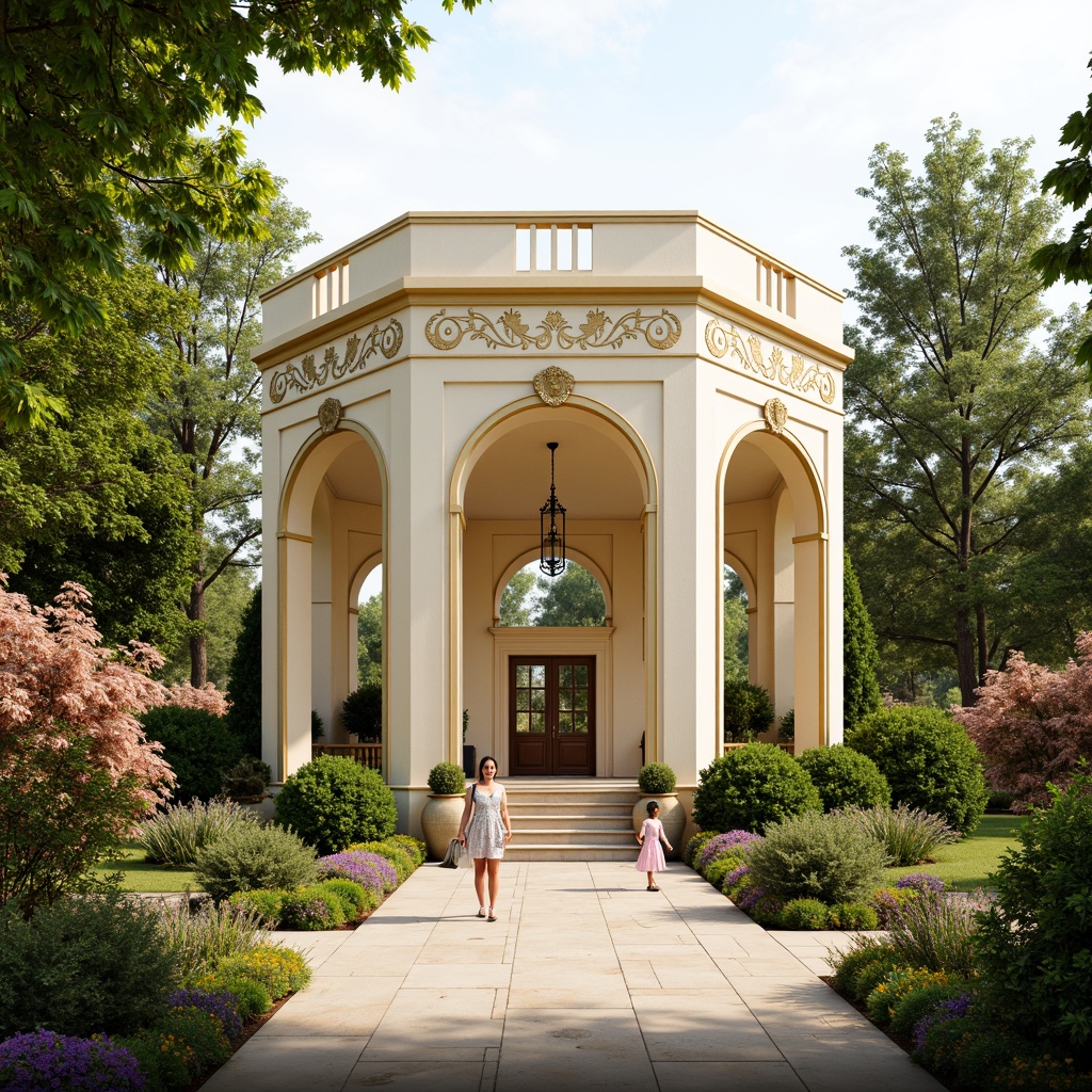 Prompt: Elegant pavilion, soft cream exterior, ornate golden details, lush greenery surroundings, vibrant flower arrangements, natural stone pathways, classical columns, symmetrical architecture, subtle warm lighting, gentle breeze, serene atmosphere, shallow depth of field, 1/1 composition, realistic textures, ambient occlusion.